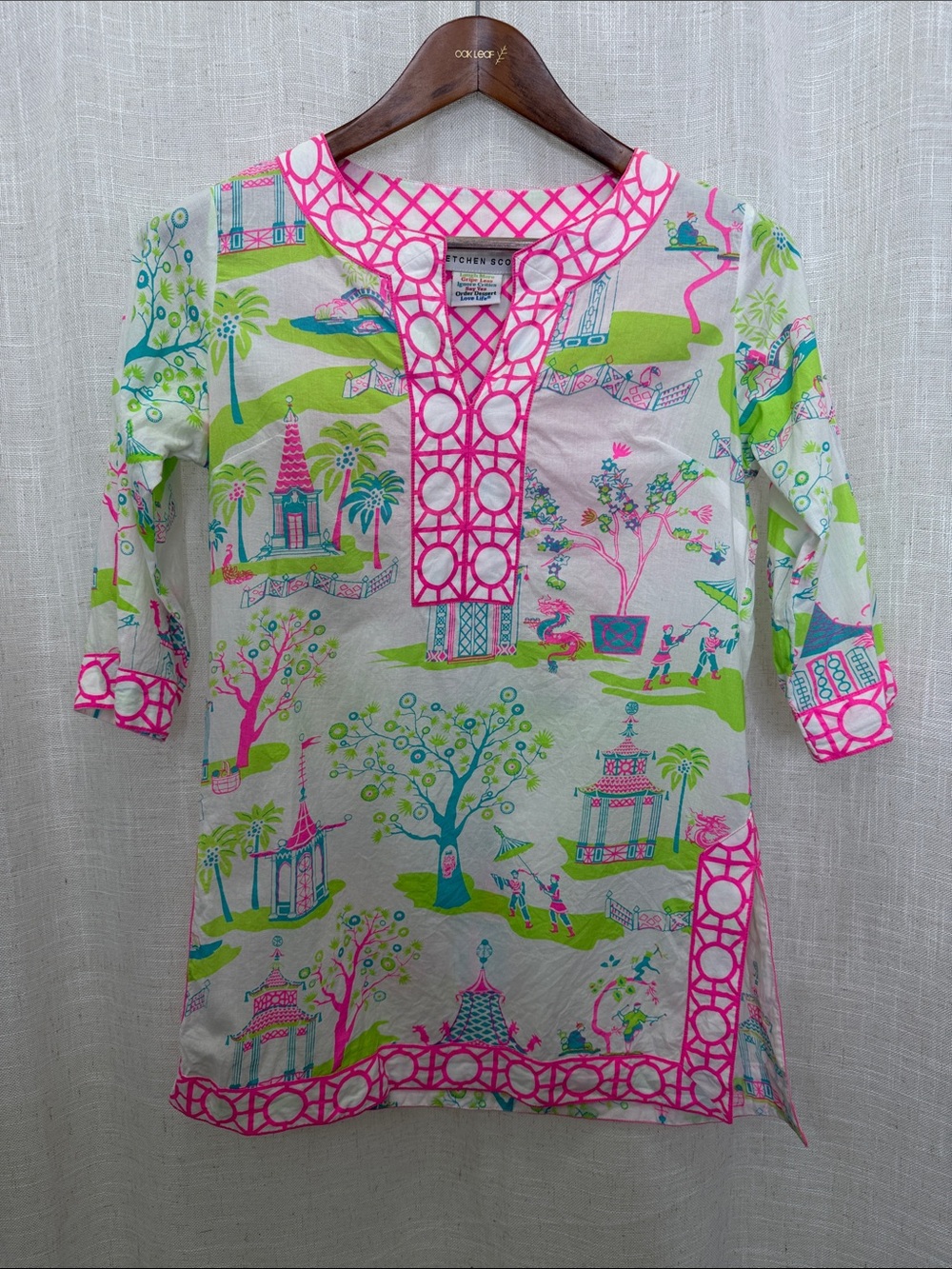 Gretchen Scott Pink & Green Printed Tunic Top Size X-Small Excellent Condition